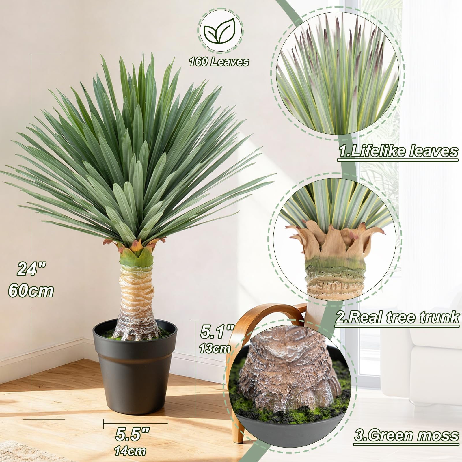Best 2ft Artificial Agave Plant with 160 Leaves, 23.6inch Faux Floor Large Fake
