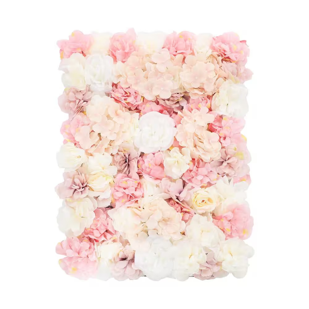 6-Piece 23.62 In. X 15.74 In. White and Pink Artificial Rose Flower Wall Panel f
