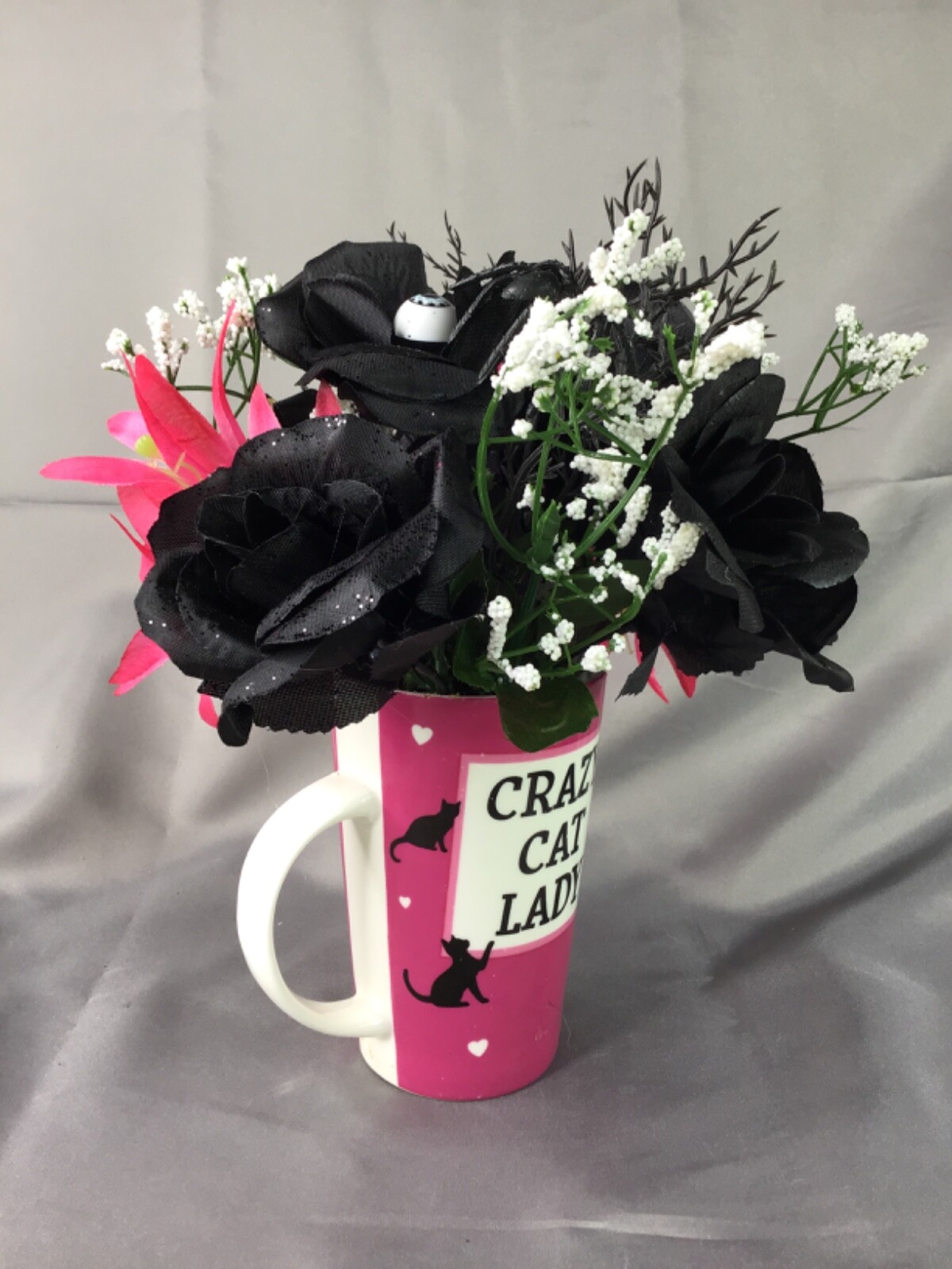 Crazy Cat Lady Pink Tall Coffee Mug Black Roses Eyeballs Flower Arrangement