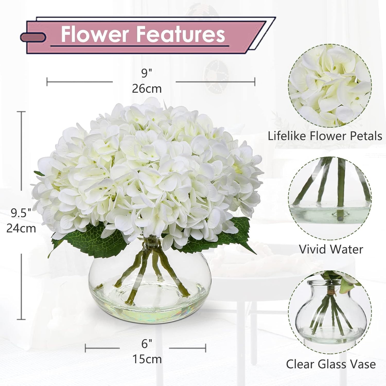 Artificial White Hydrangea Flower Arrangement in Glass Vase with Faux Water