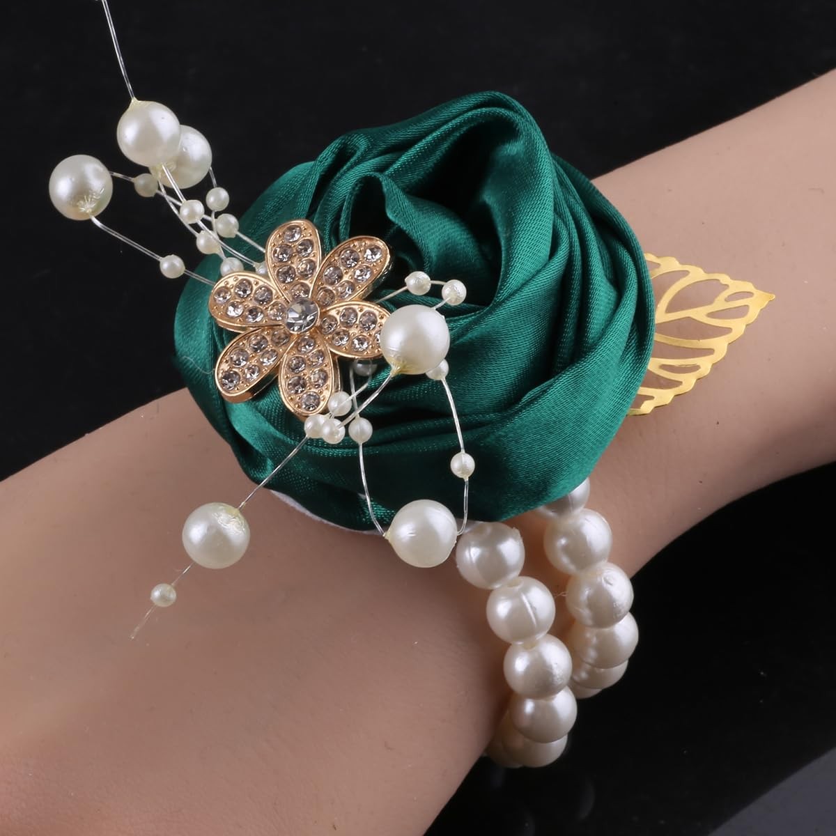 5 PCS Pearl Beaded Satin Wrist Corsage Artificial Flower Emerald Green