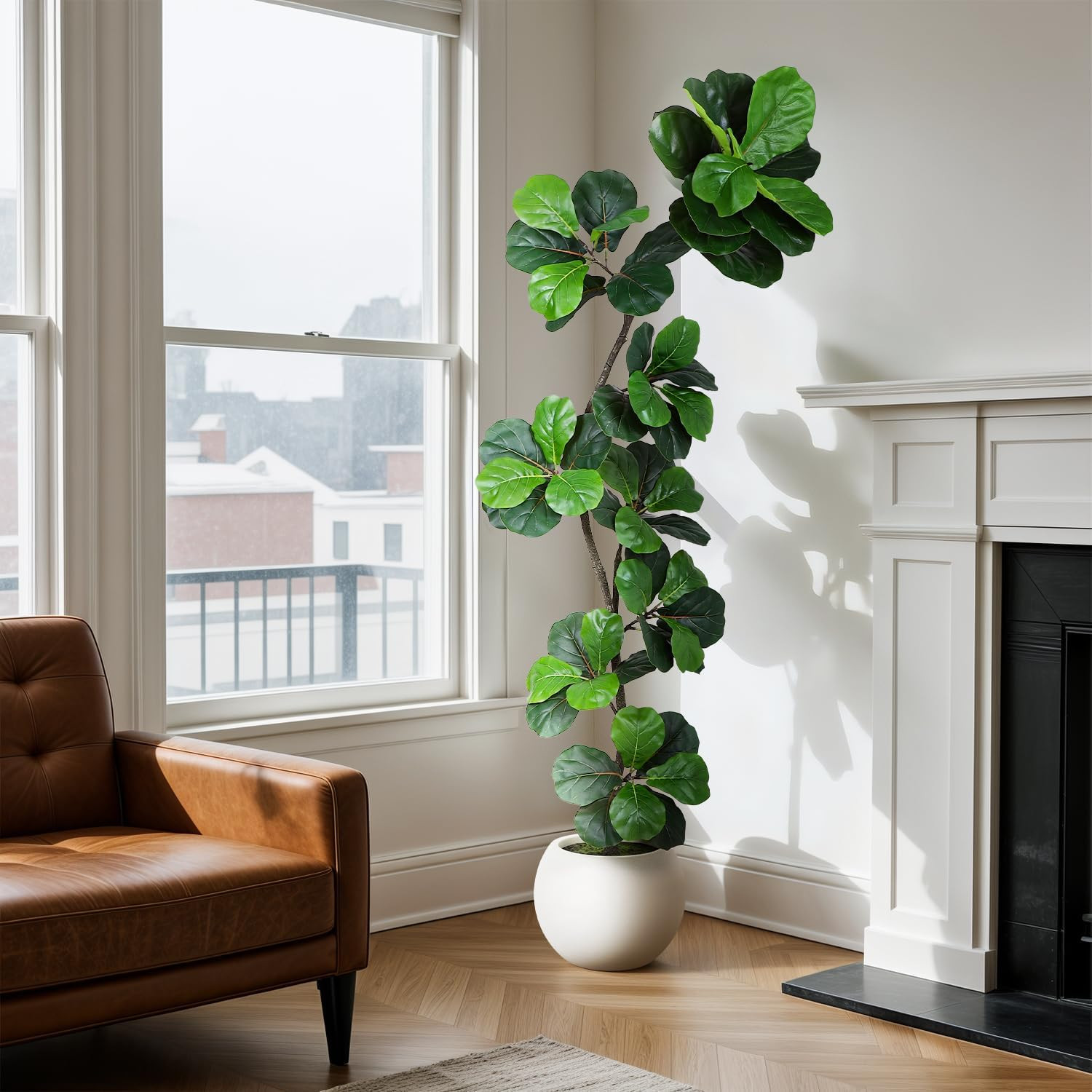 7Ft Artificial Fiddle Leaf Fig Tree Faux Plant Fake Ficus Lyrata White Planter
