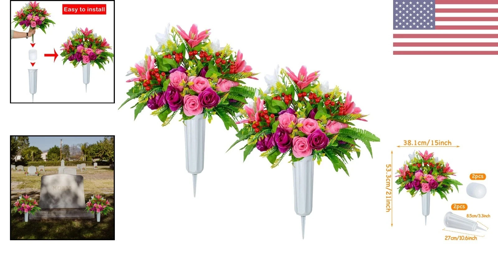 Set of 2 Water-Resistant Artificial Cemetery Flowers with Vase for Memorials