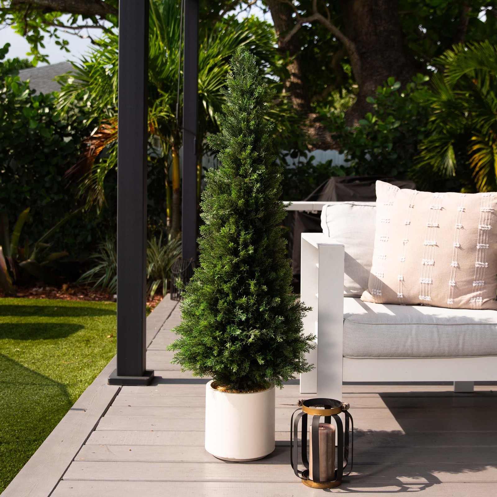 Nearly Natural 4ft UV Resistant Cedar Tree in White Planter in Green