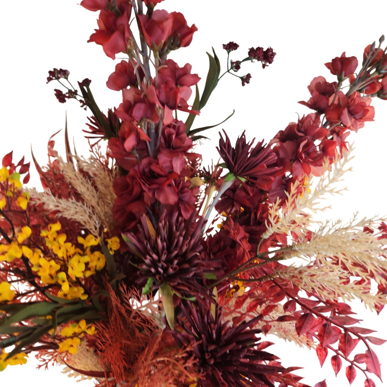 Hand Tied Artificial Flower Bouquet With Dark Reds and Yellow Wildflower mixture