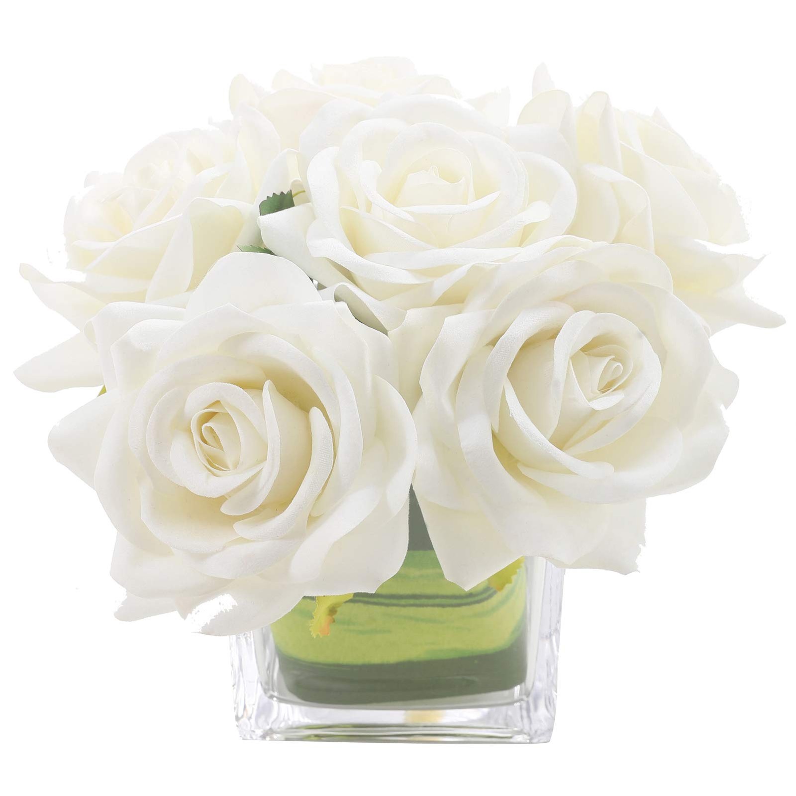 Artificial Velvet Rose Flower Centerpiece Arrangement in Vase Ivory Rose