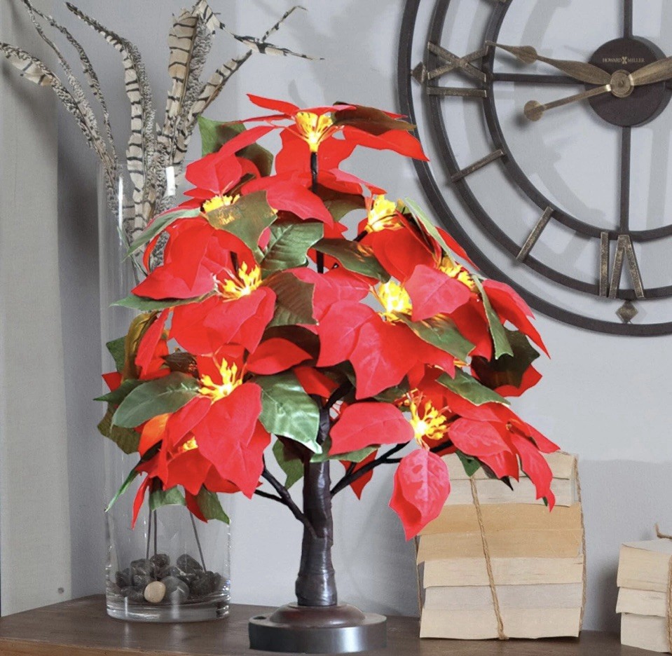 Christmas Poinsettia Tree Light 18 Led Lighted Artificial Tabletop