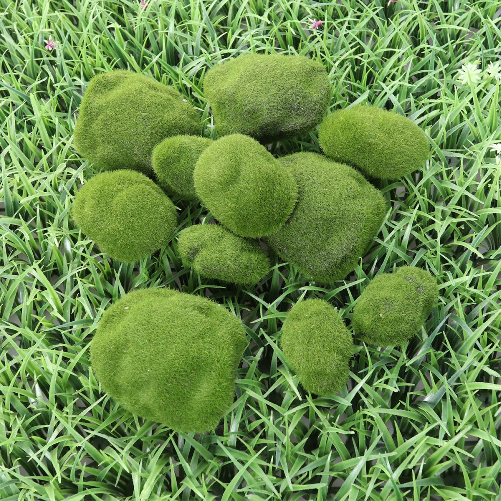 Set of 12 Green Artificial Moss Rocks Reusable Decorative Lawn Stones