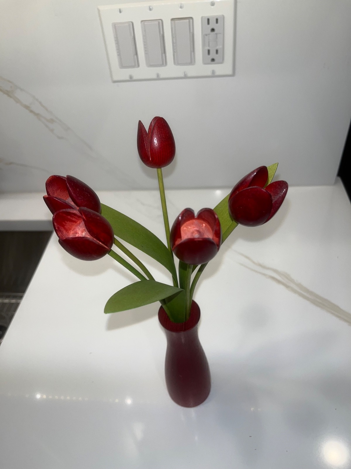 Artisan Wooden Handcrafted Tulips w/ Vase, Martin Jones, Britain