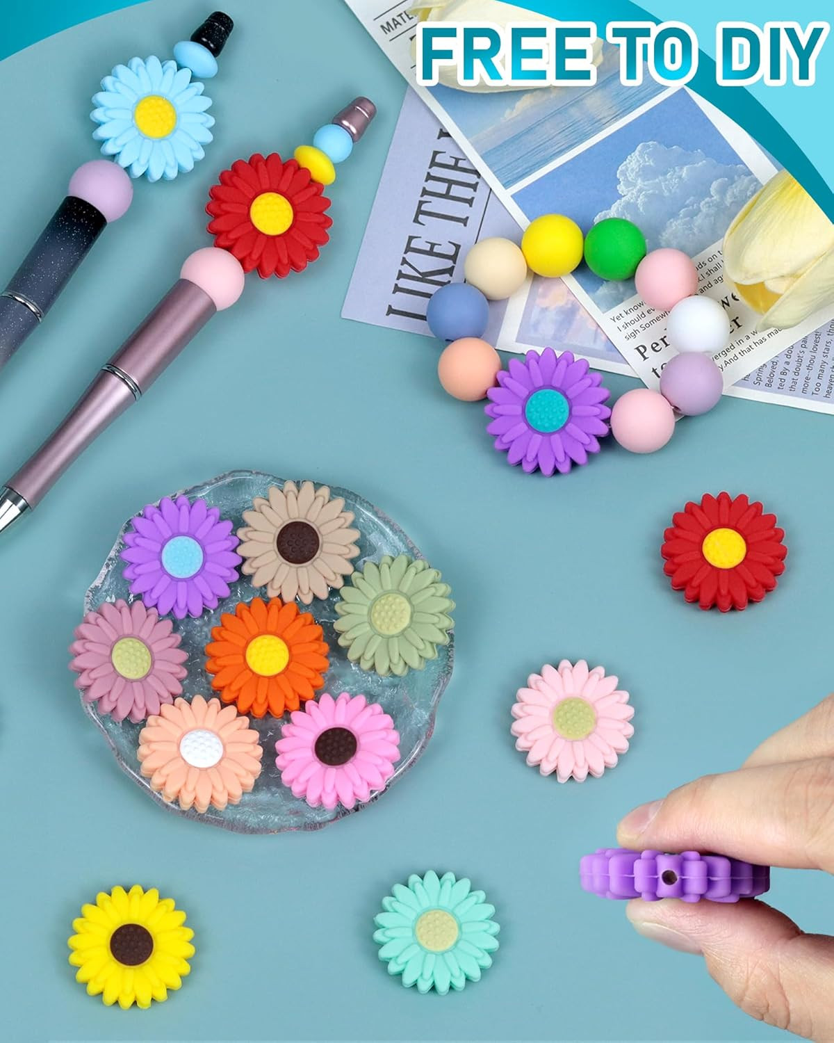 30PCS Sunflowers & Daisy Focal Silicone Beads – Loose Beads for Pens, Necklaces
