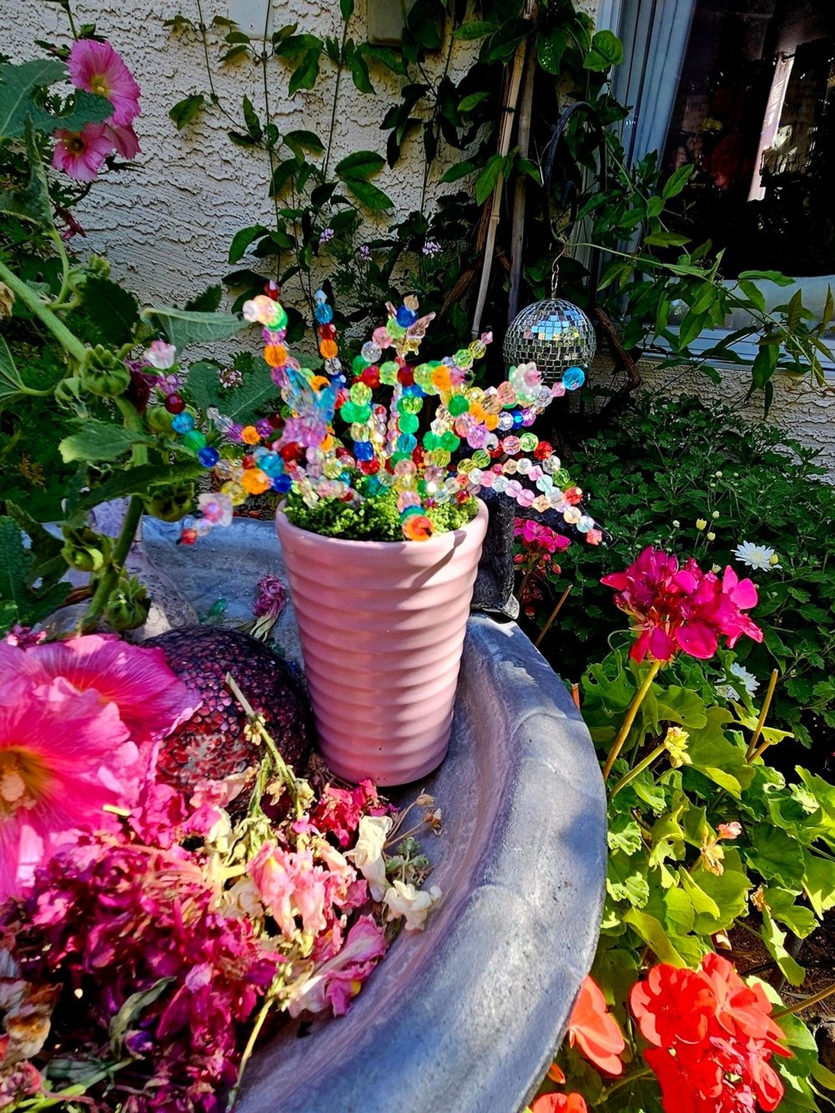 Colorful Beaded Flower Bouquet In A Mauve Pot – Multicolor