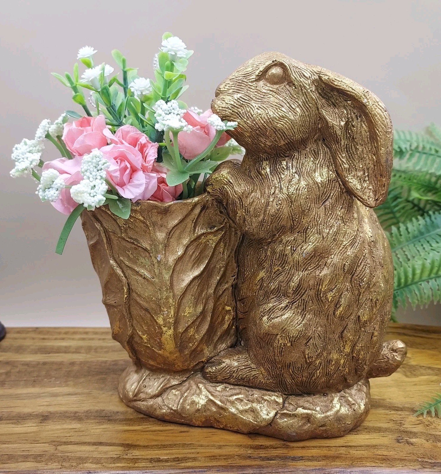 BUNNY & CABBAGE PLANTER Table Decor Gold Rabbit w Pink Mini Roses / Flowers