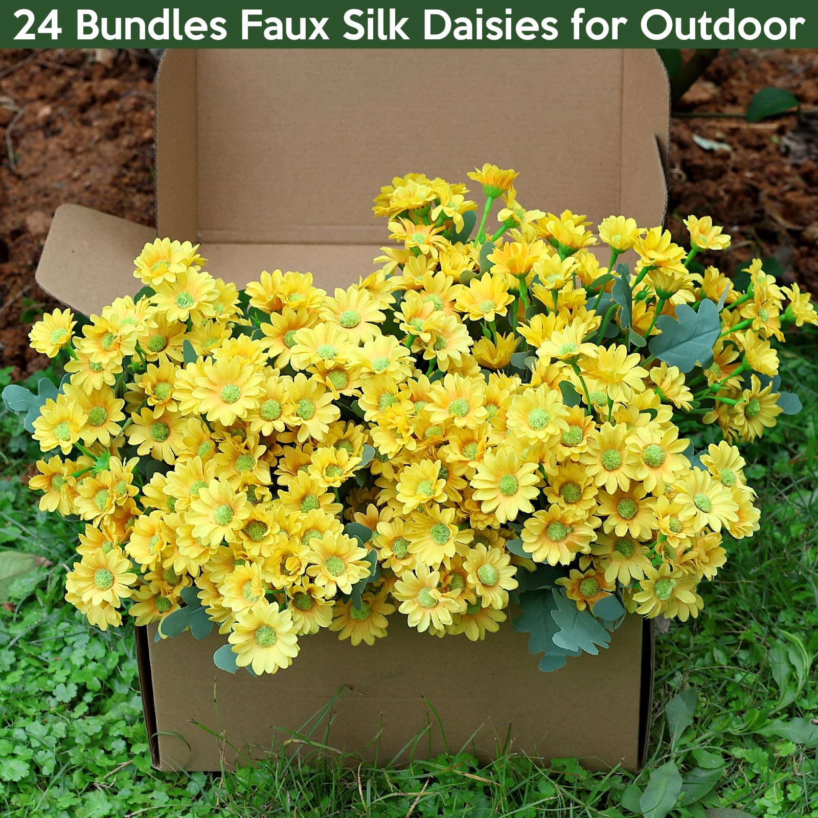 24 Bundles Artificial Daisy Flowers for Outdoor – Fake Mums Faux UV Resistant…