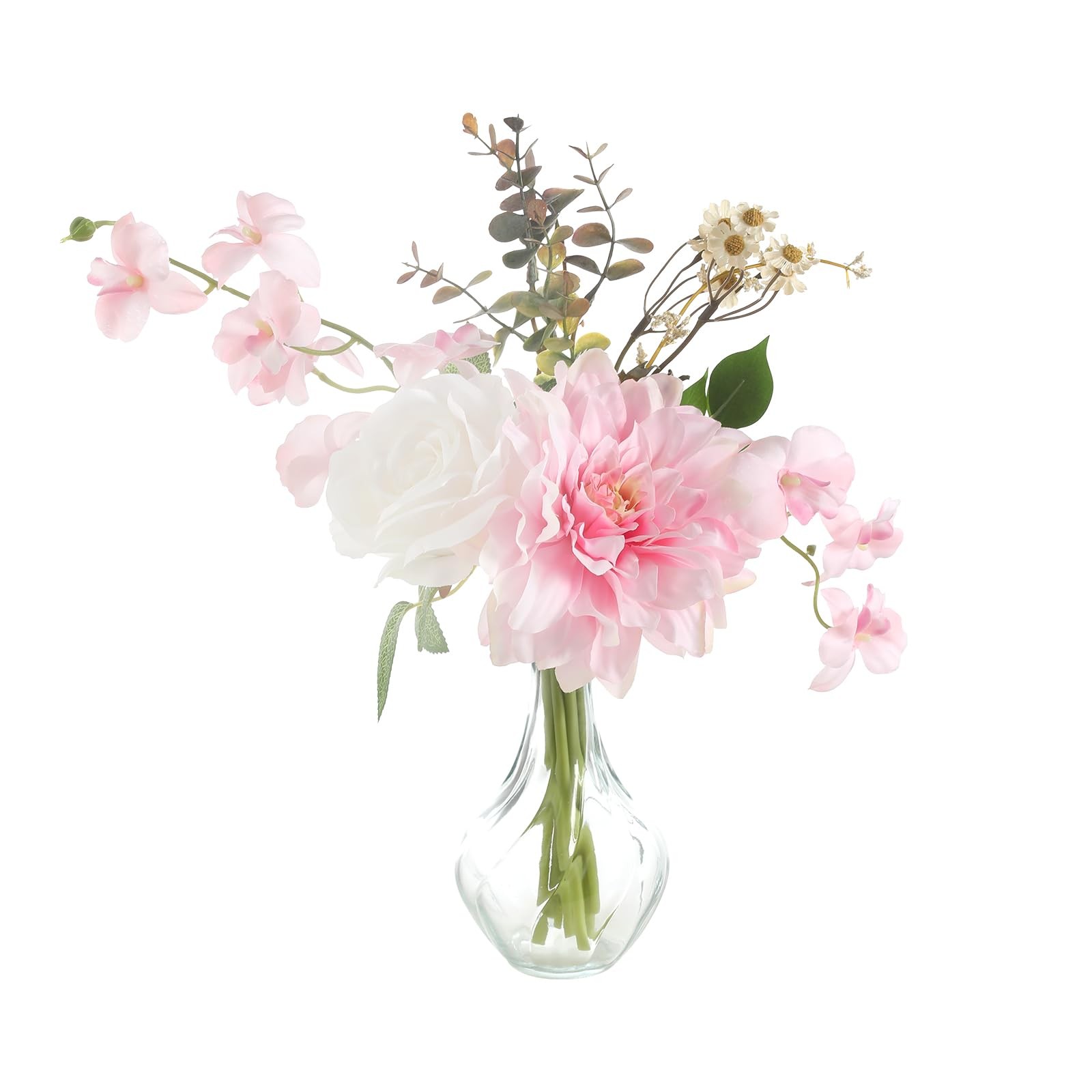Faux Flowers Vase Small Artificial Silk Roses Fake Plant Eucalyptus Decor