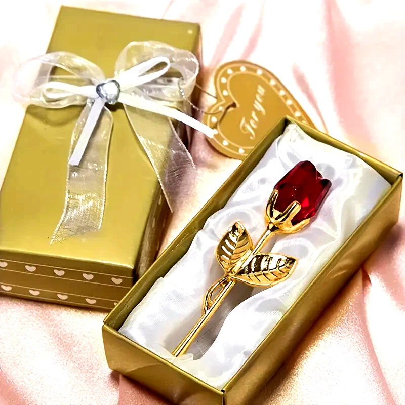 1 pc. Valentine Day Crystal Glass Red Rose Flower w/ Yellow Stem in Golden Box