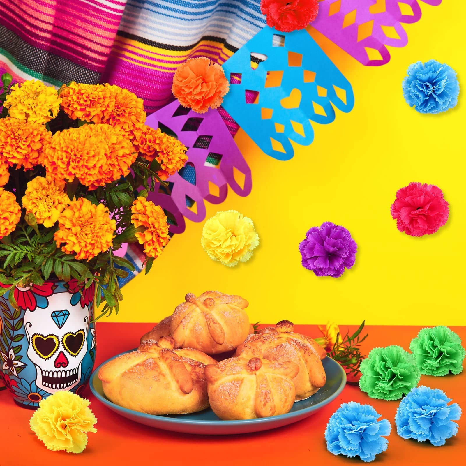 140 Pcs Artificial Marigold Flowers – Mexican Decor for Halloween, Diwali, DIY W