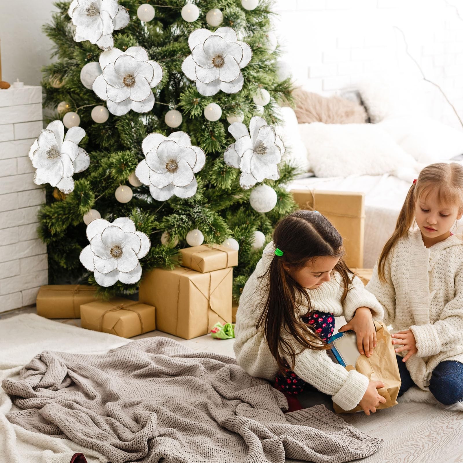 18 Pcs Large Velvet Christmas Poinsettia Magnolia Flowers White Artificial