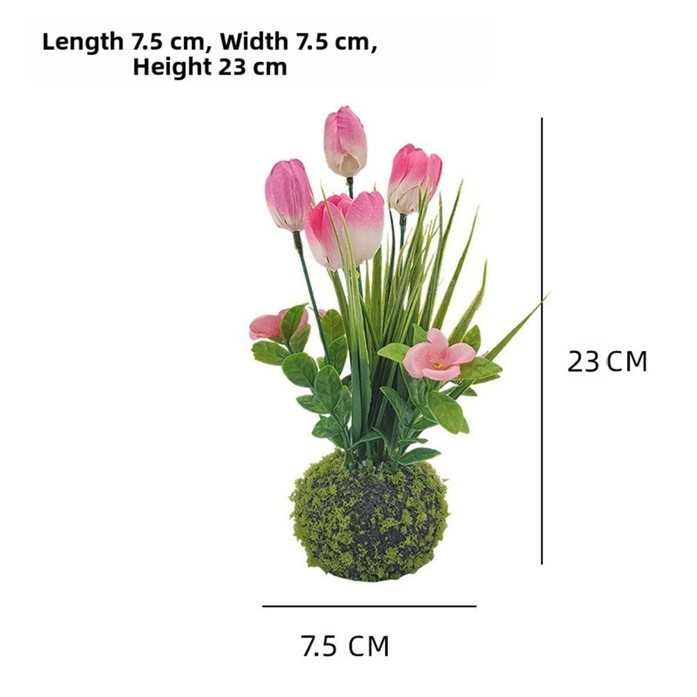 Artificial Pink Tulip in Decorative Moss Ball 7.5cm 23cm for Bookshelf