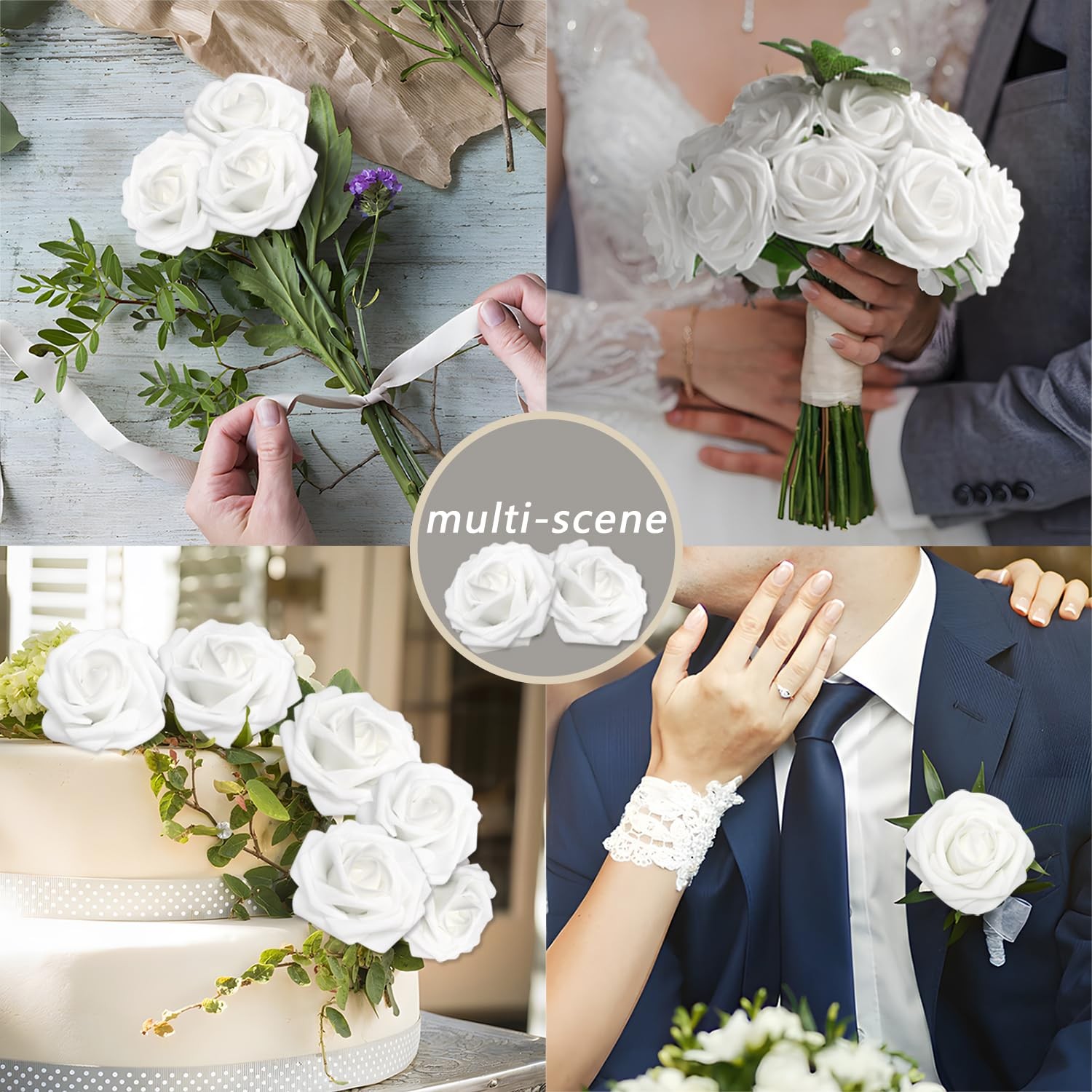 100 PCS Artificial White Roses Real Looking Foam Fake Flower Leaves Heads