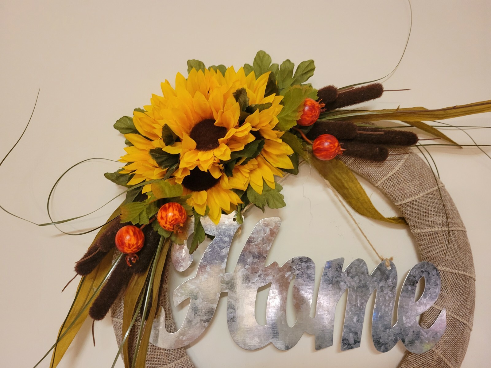 HOME Sunflowers Cat tails Mini Pomegranates burlap WREATH FALL Decor Front Door
