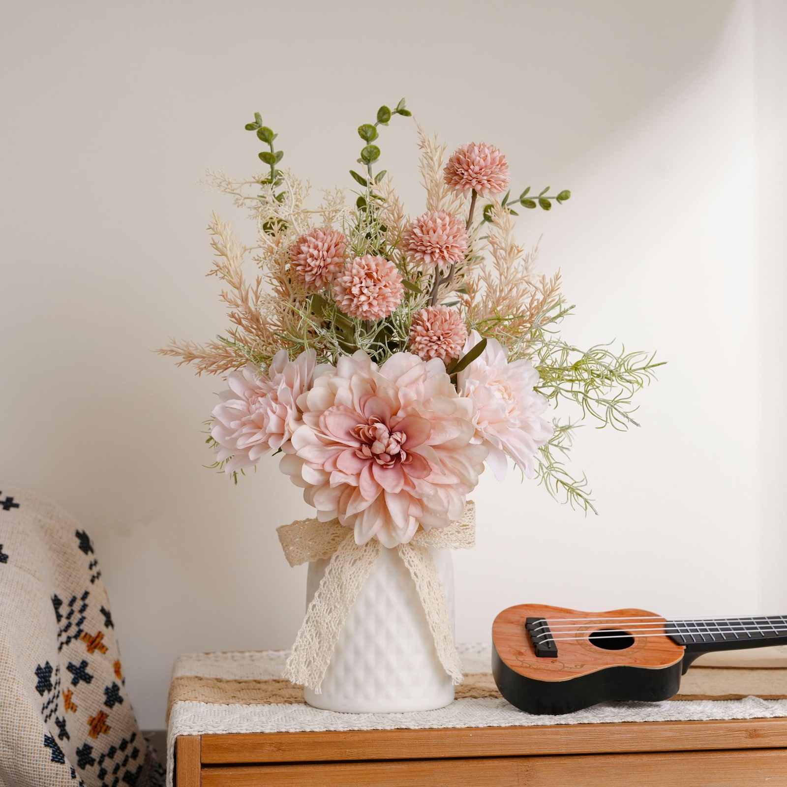 Artificial Flowers with Ceramic Vase Centerpieces – Spring Silk Pink Flower A…