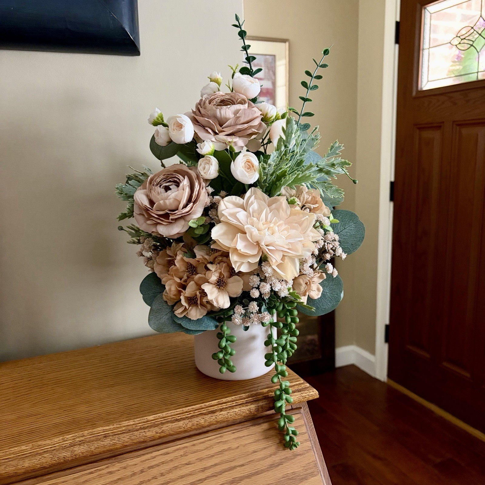 Handmade Flower Arrangement Beige+Greenery Centerpiece