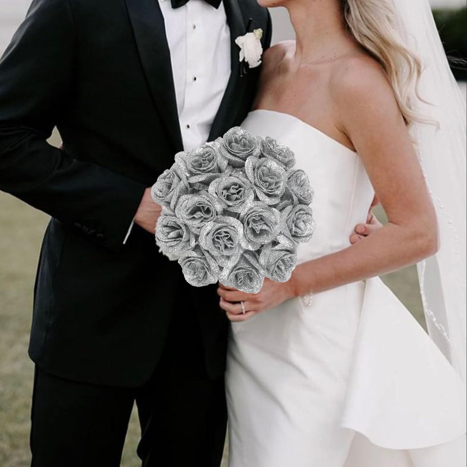 30 PCS Silver Artificial Roses Fake Glitter Silk Flowers for Wedding Decor