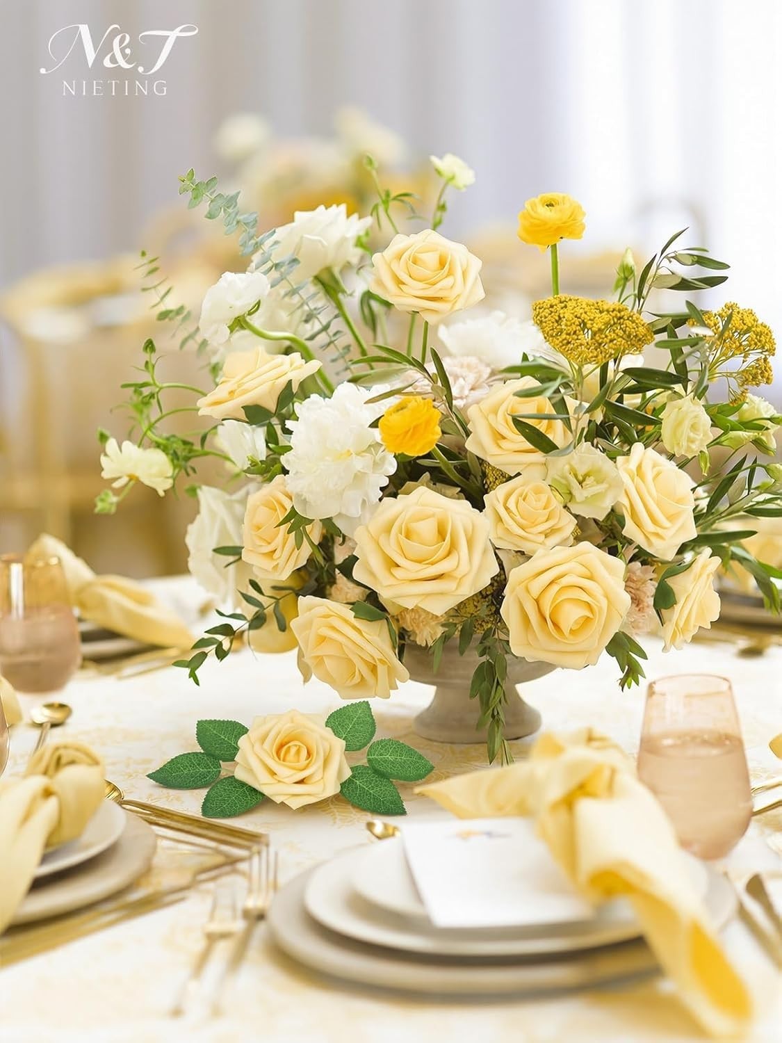 Elegant 25Pcs Artificial Goose Yellow Roses with Leaves for Festive Arrangements