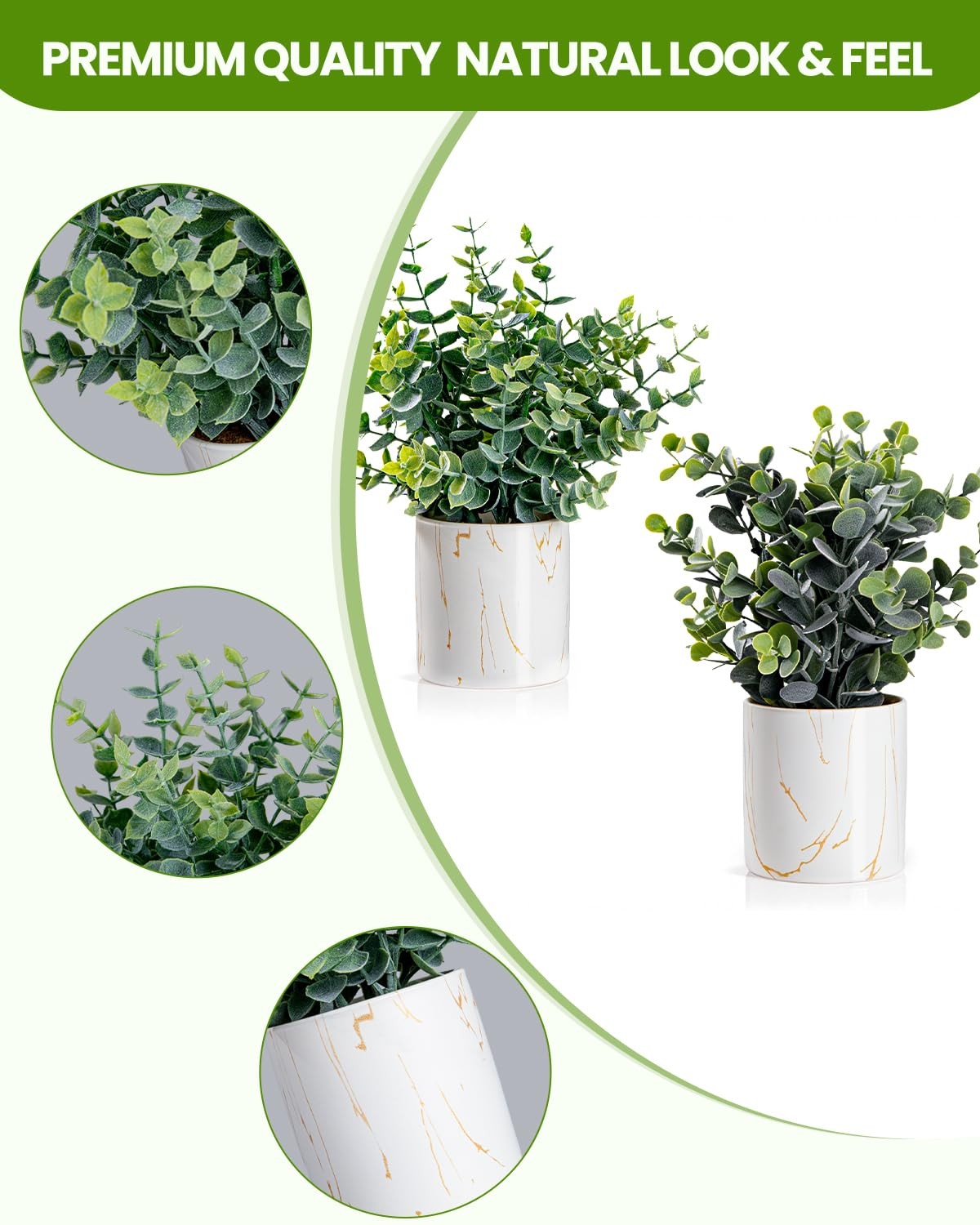 2 Artificial Eucalyptus Plants in White Ceramic Pots Faux Greenery Desk Decor