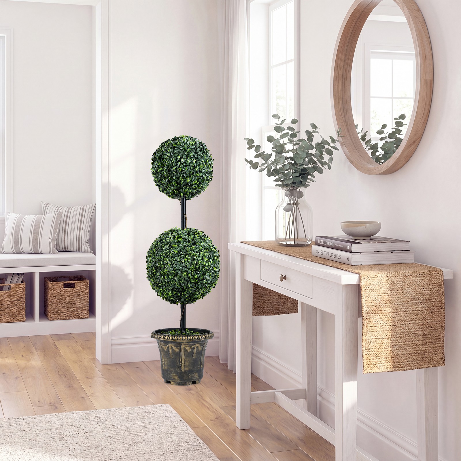 Artificial Boxwood Topiary Tree,Sun-Protective Double Ball Shrubs,Potted Plants