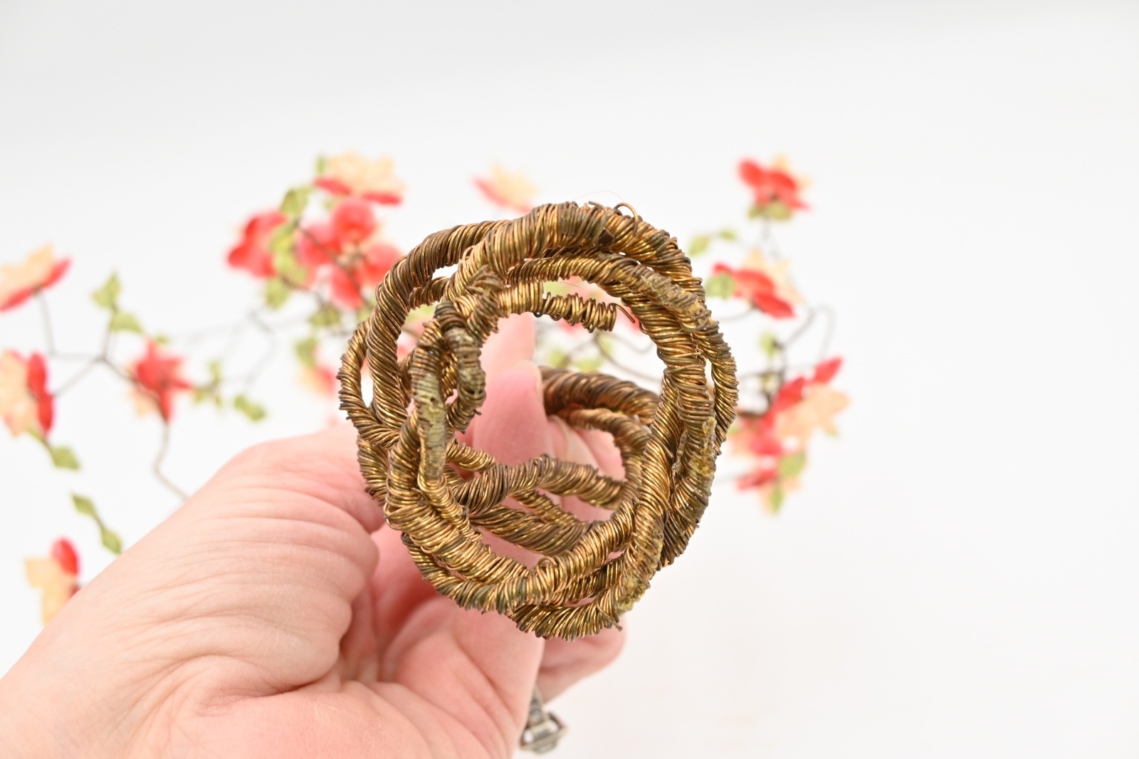 Vintage Decorative Wrapped Copper Wire Bonsai Tree Cherry Blossom Flowers
