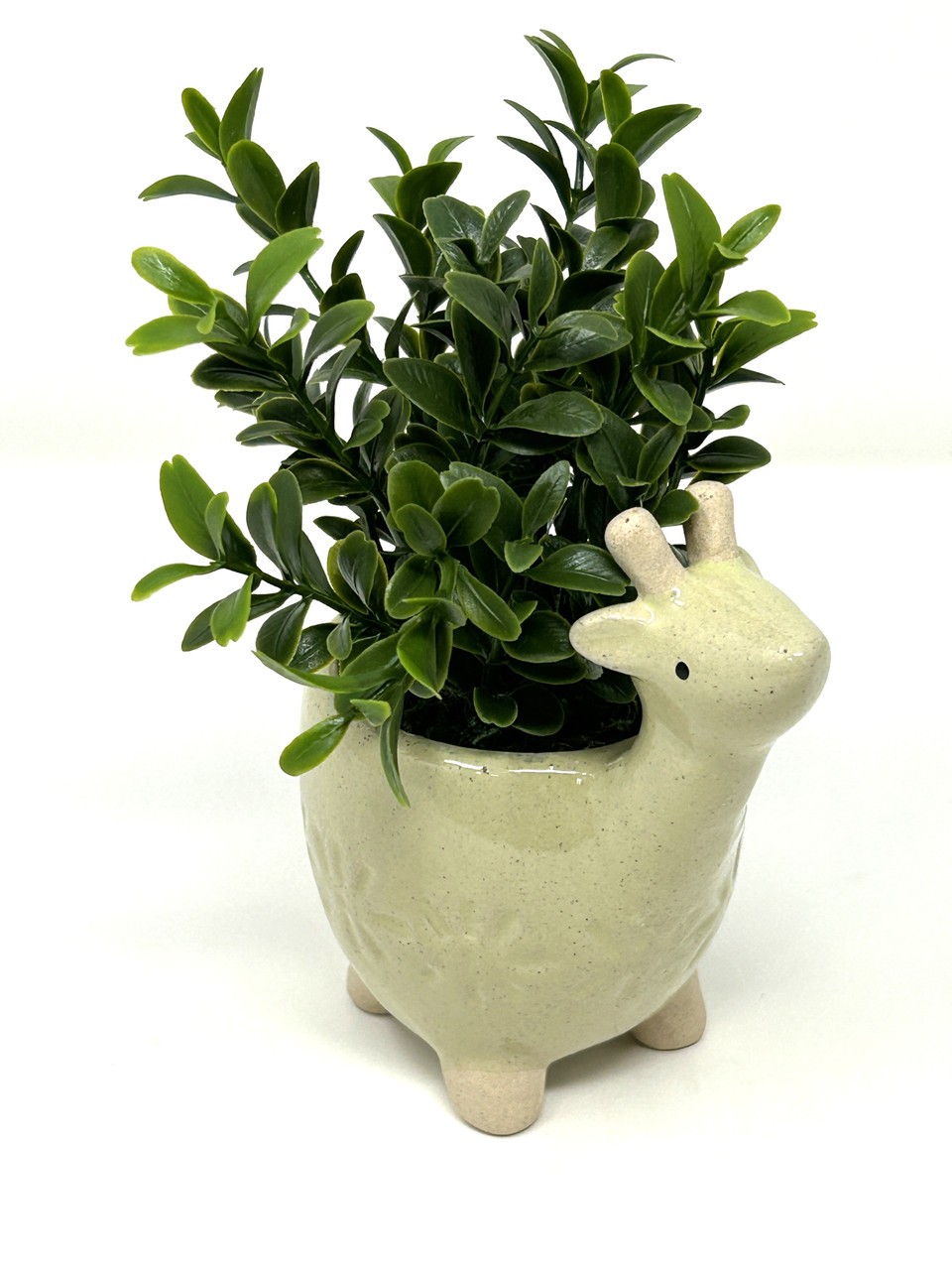 Mini 6″ Artificial Sage Boxwood plastic plant potted in Ceramic DEER Giraffe Pot