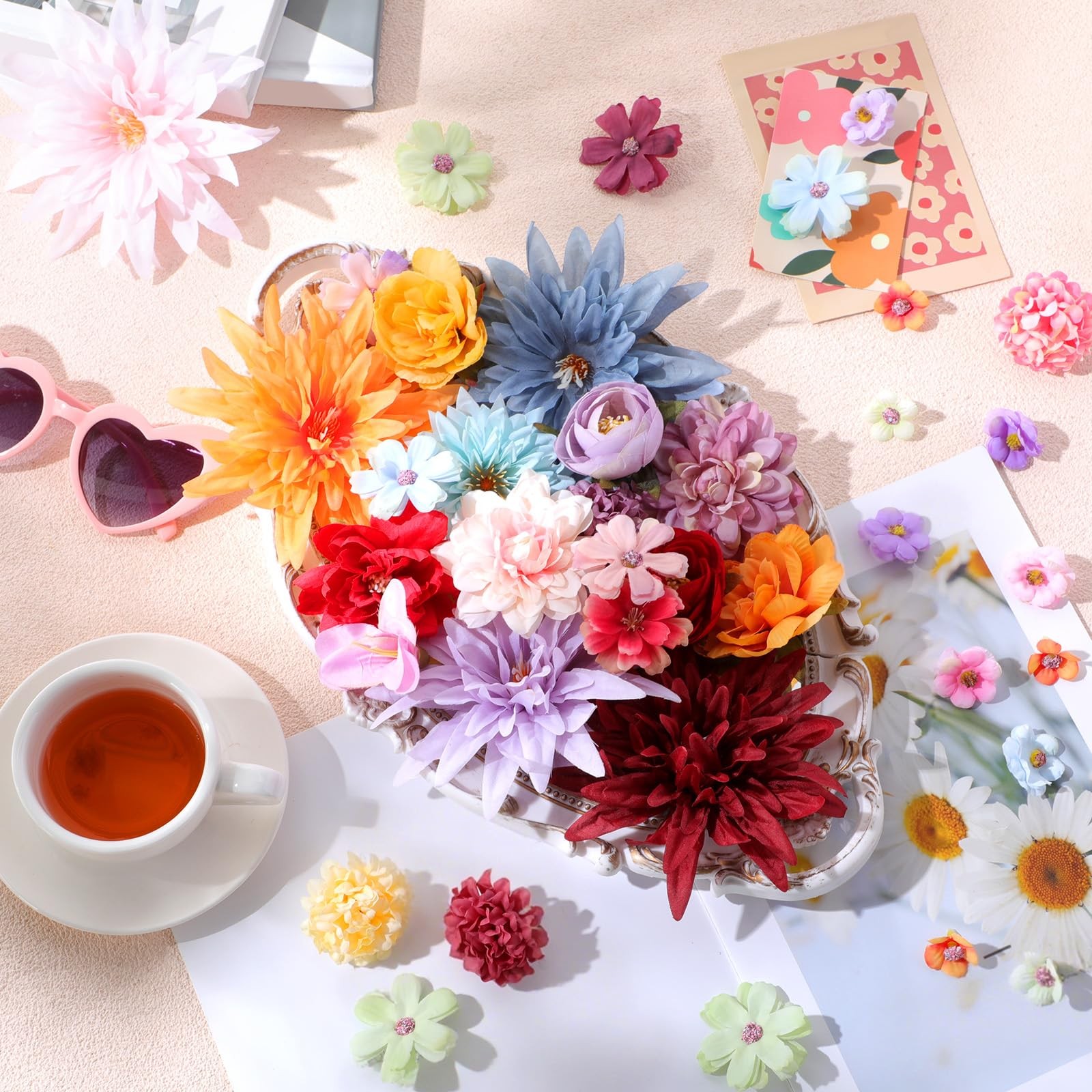 80 PCS Assorted Color Fake Flower Heads Bulk Artificial Silk Faux Daisy Peony