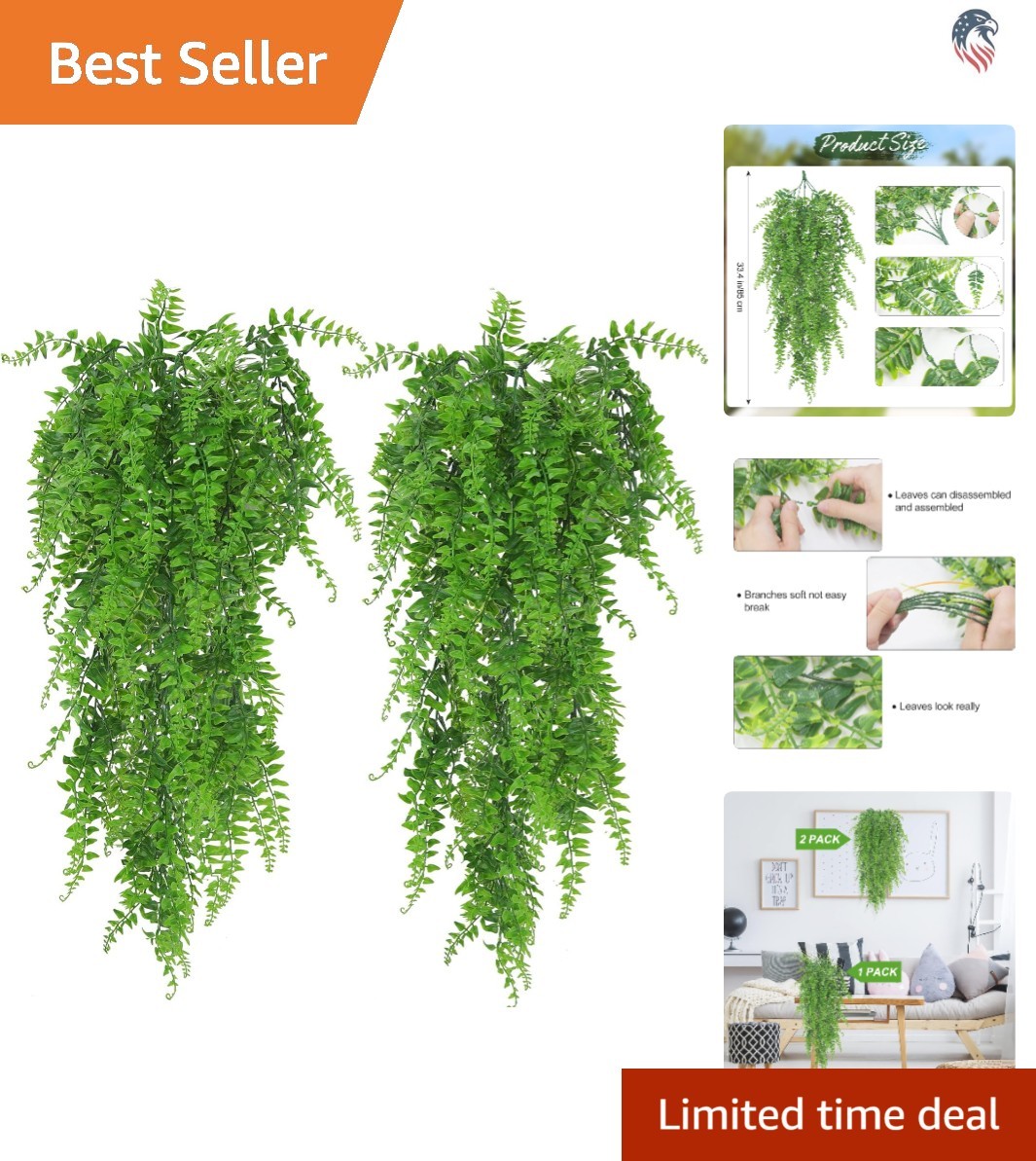 Artificial Hanging Fern Plants Faux Ivy Vines Indoor Outdoor Decor 2 Pack