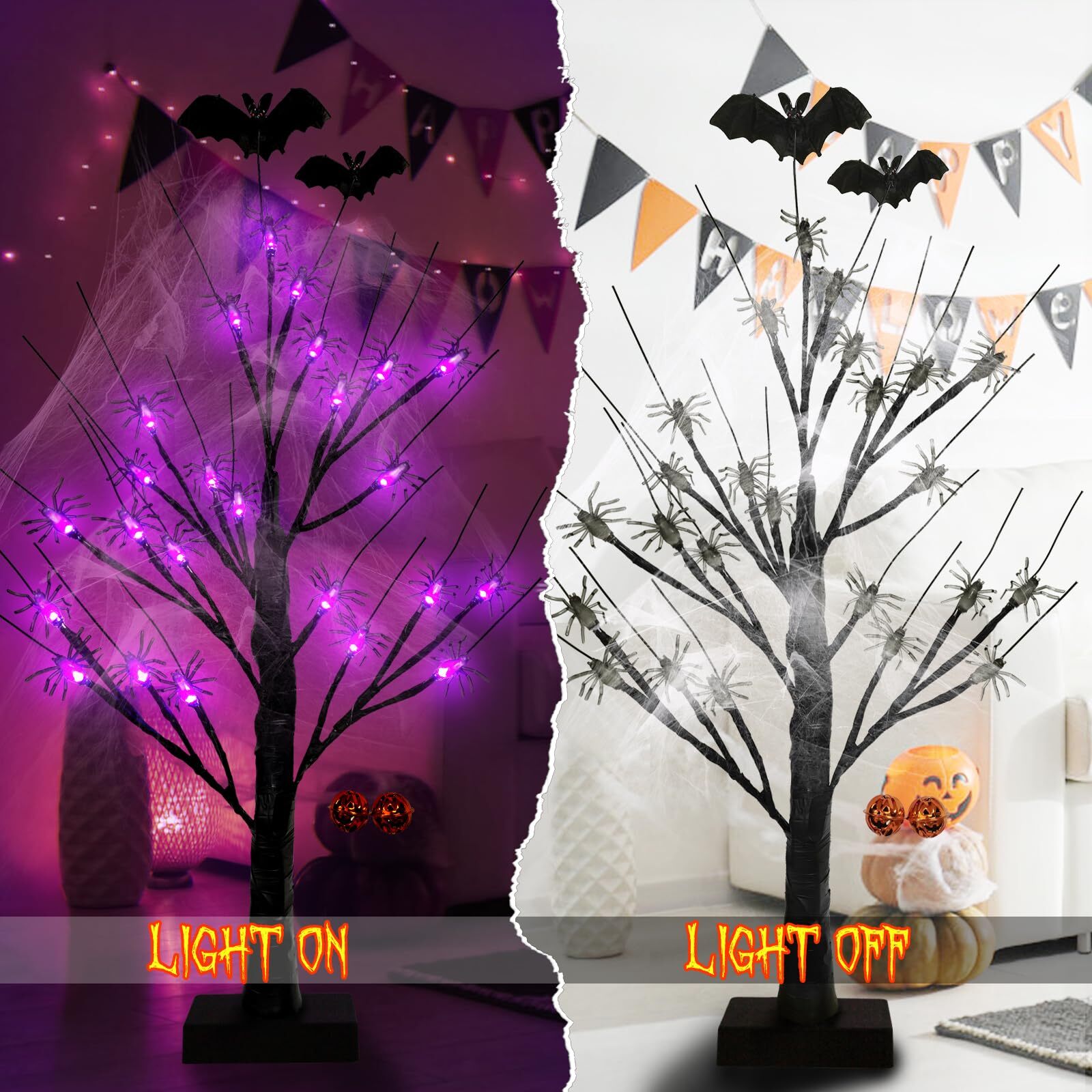 2FT Black Halloween Tree, Spooky Tree with 24 Spider & 24 Purple Lights