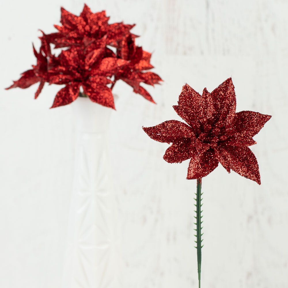 Bulk Lot of 24 Christmas Red Glitter Artificial Poinsettia 6″ Stems