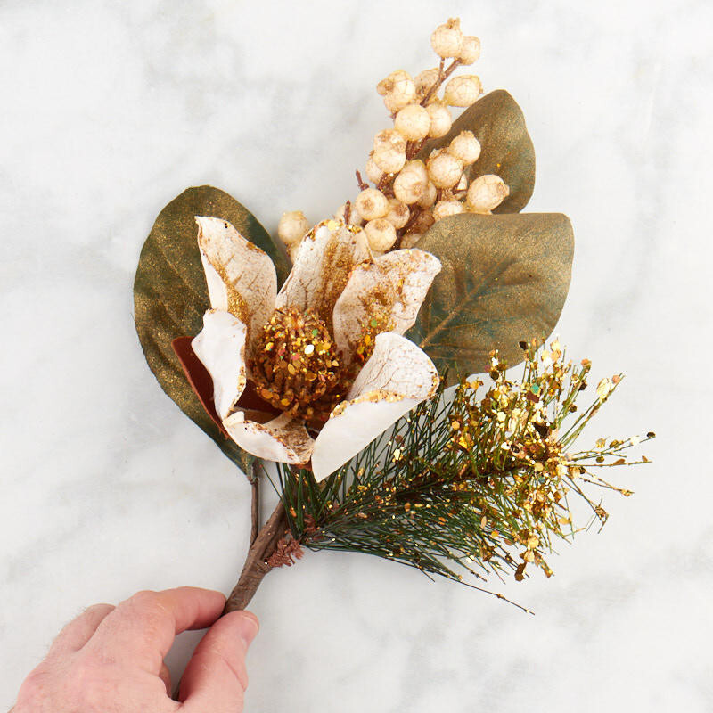 Set of 2 Gold Glittered Artificial Magnolia 14-1/2″ Sprays