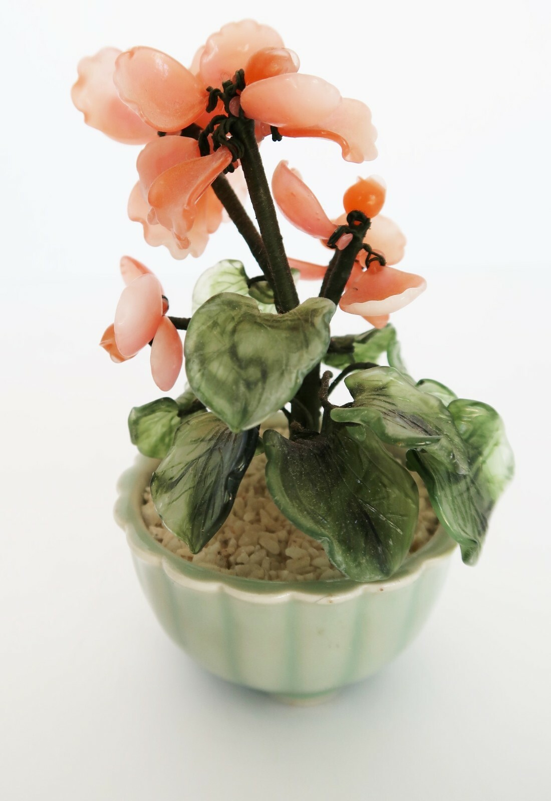 Vtg peach & green glass hand crafted artificial floral potted plant bonsai tree