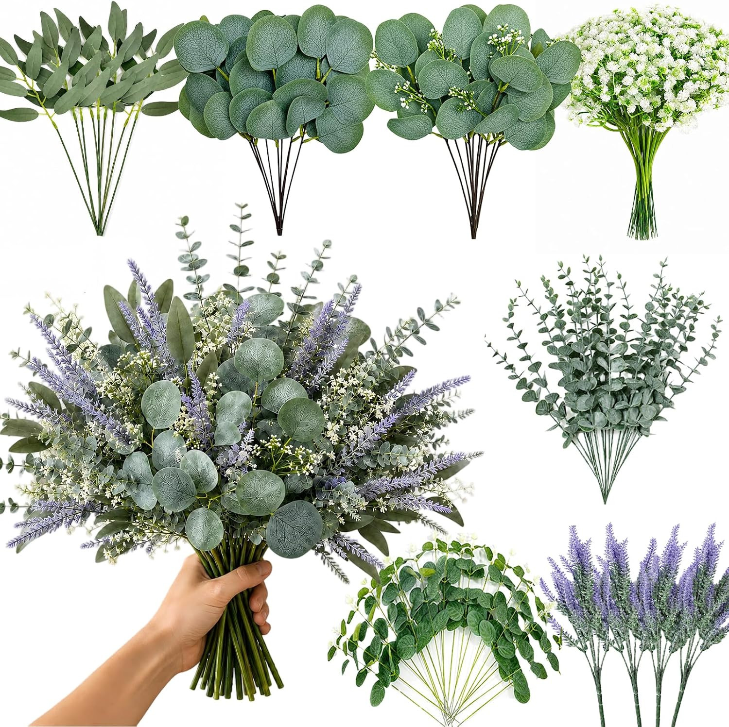 134 Pcs Artificial Eucalyptus Stems Bulk, 7 Kinds of Mixed Fake Plants | Faux Gr