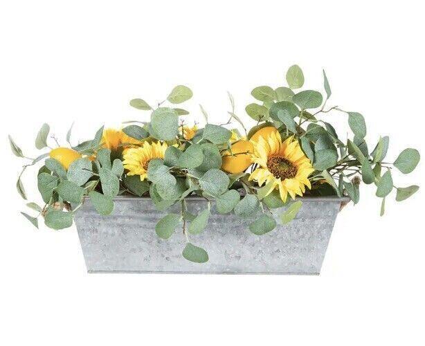NIB Faux Sunflower, Lemon and Eucalyptus Floral Arrangement in Planter