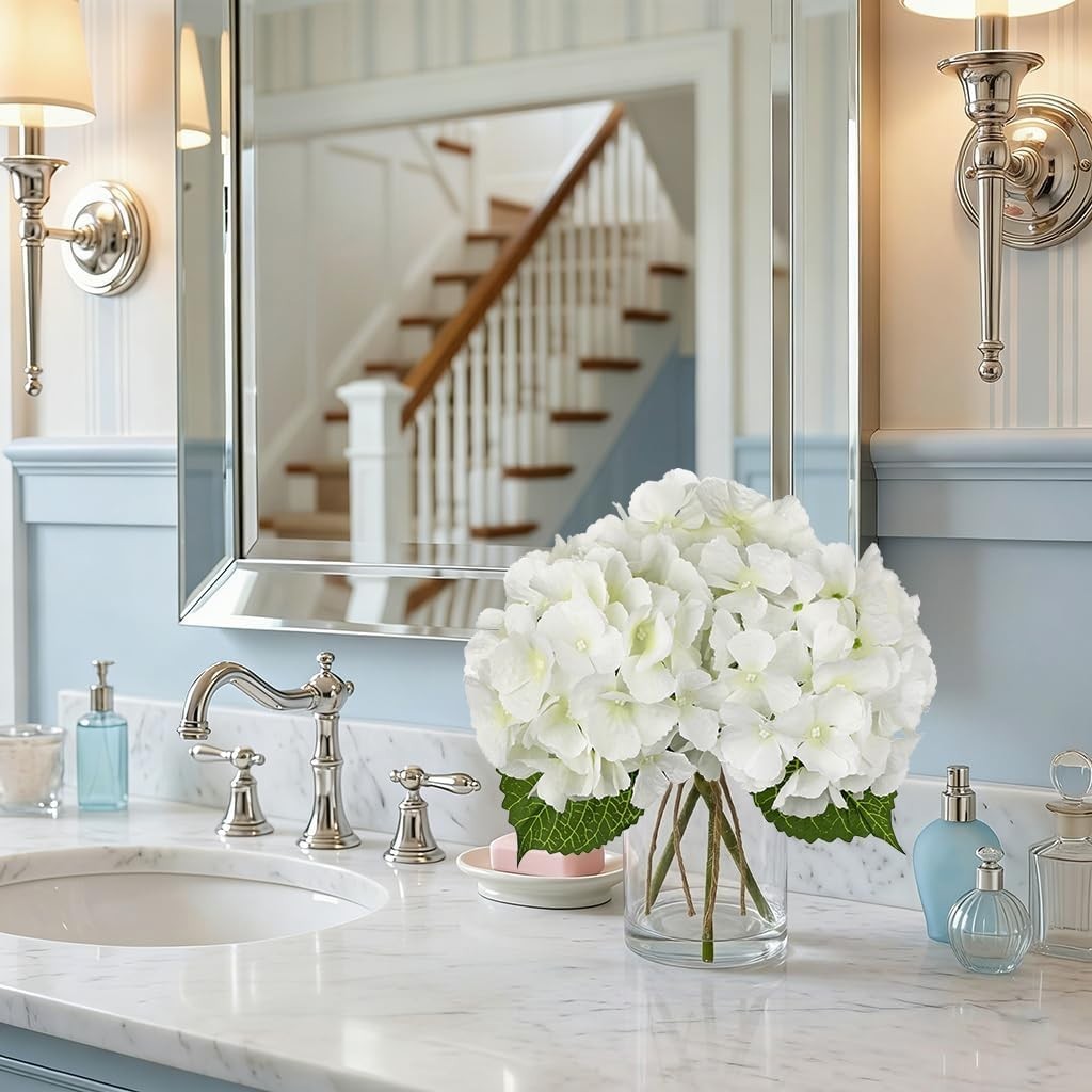 Artificial White Hydrangea Flower Arrangement in Glass Vase with Faux Water