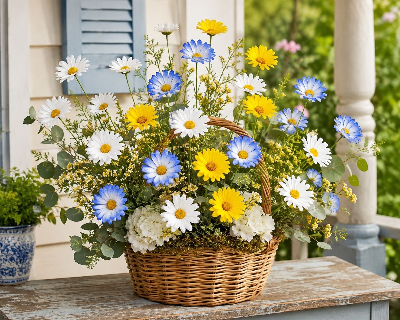 Mixed Color Artificial Daisy Stems Set of 7, Blue White Yellow Faux Silk Flowers