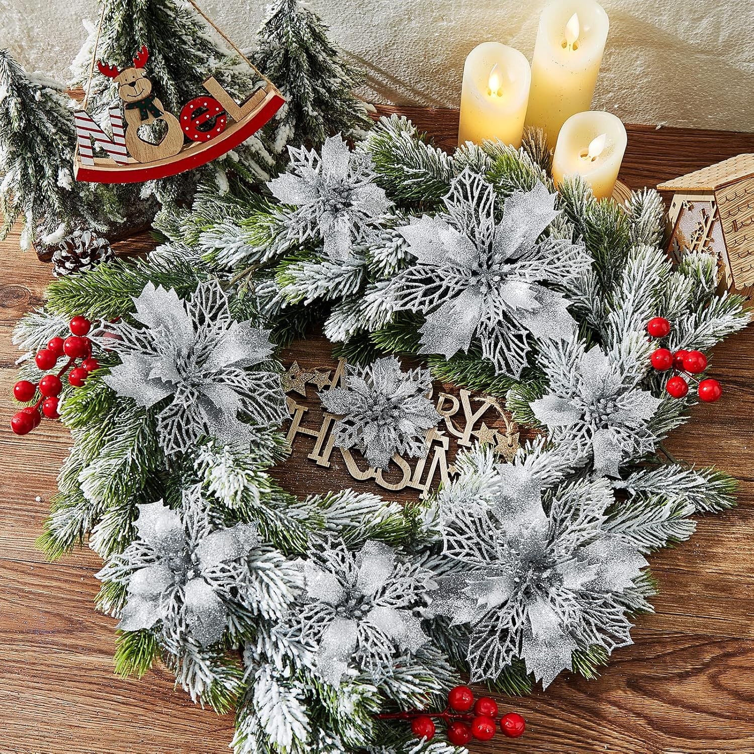 36pcs Glitter Poinsettia Flowers Artificial – Silver Poinsettia Christmas Silver