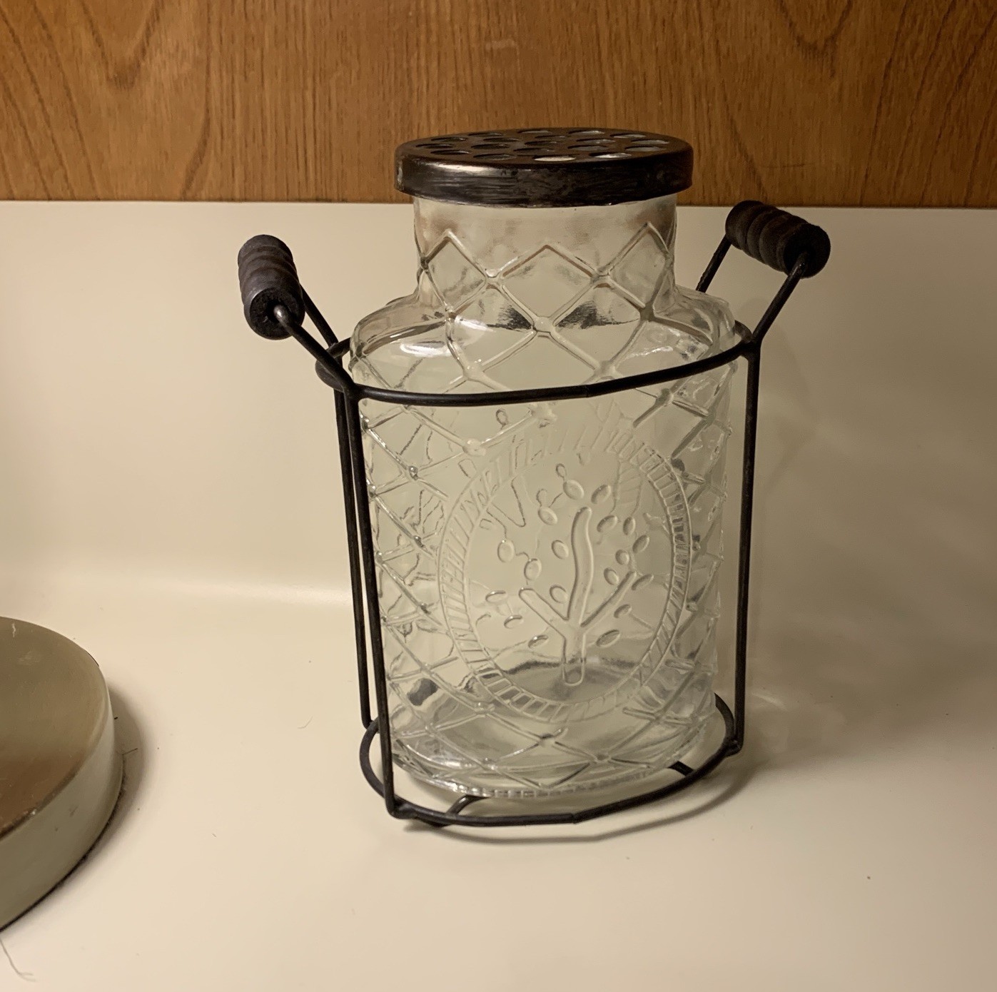 Vtg Tree Embossed Flower Arranging FROG Vase Glass Jar Metal Lid Wood Accent