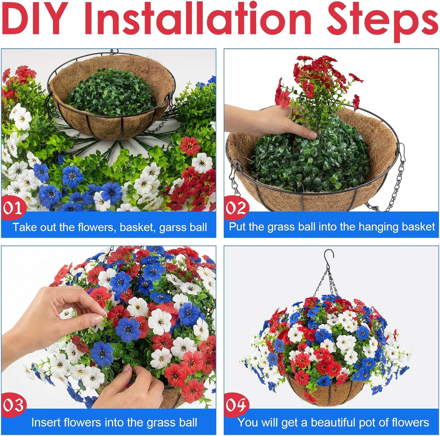 2 Set Artificial Outdoor Flowers with Hanging Basket, 2 Hanging Planter