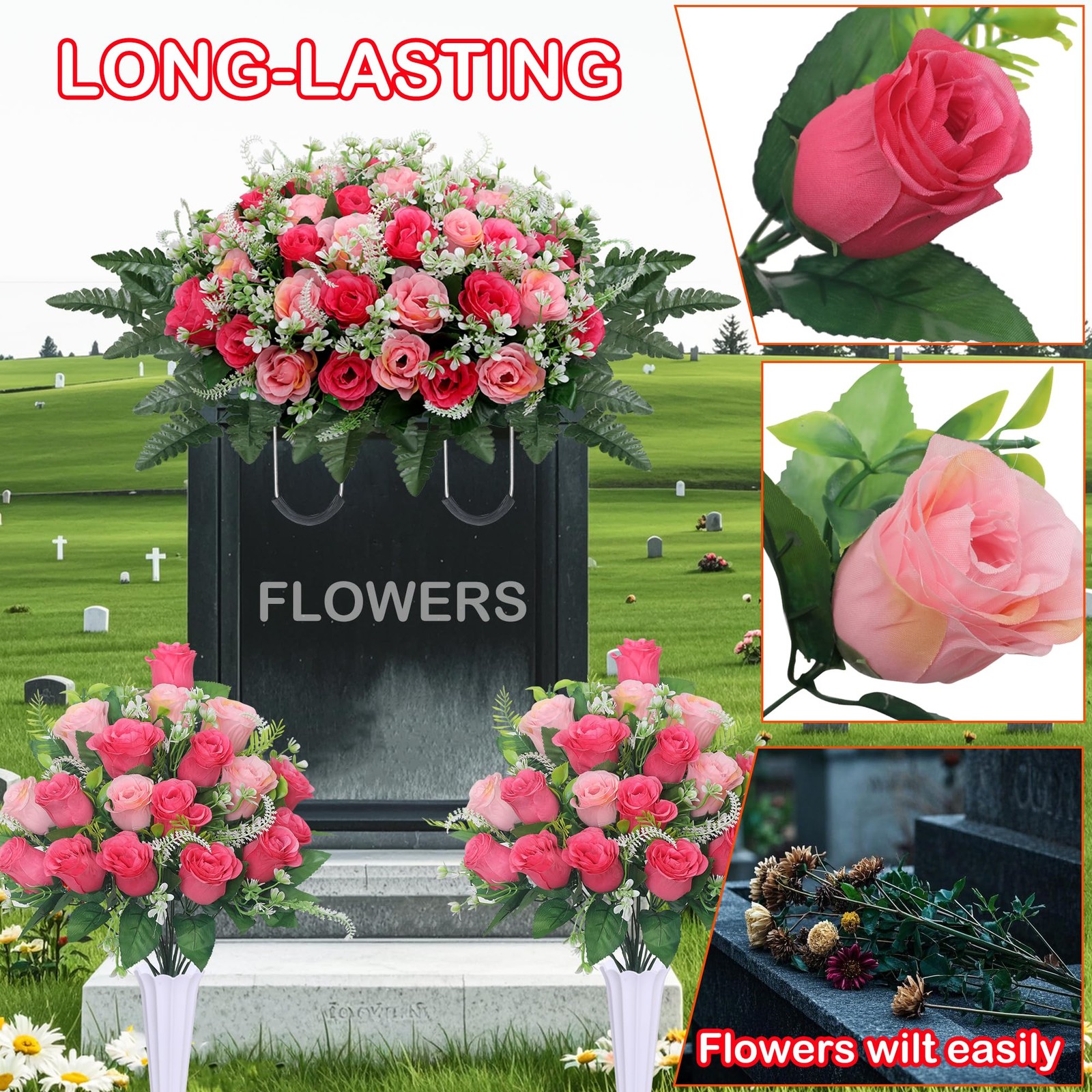 LOSFOTBO 3pcs Headstone Flowers Saddle for Tombstone,Cemetery Flower Memorial…