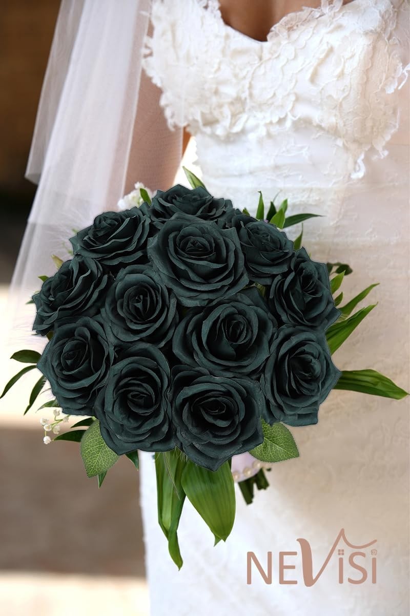 12 Emerald Green Artificial Silk Roses – Realistic Fake Flowers for DIY Wedding