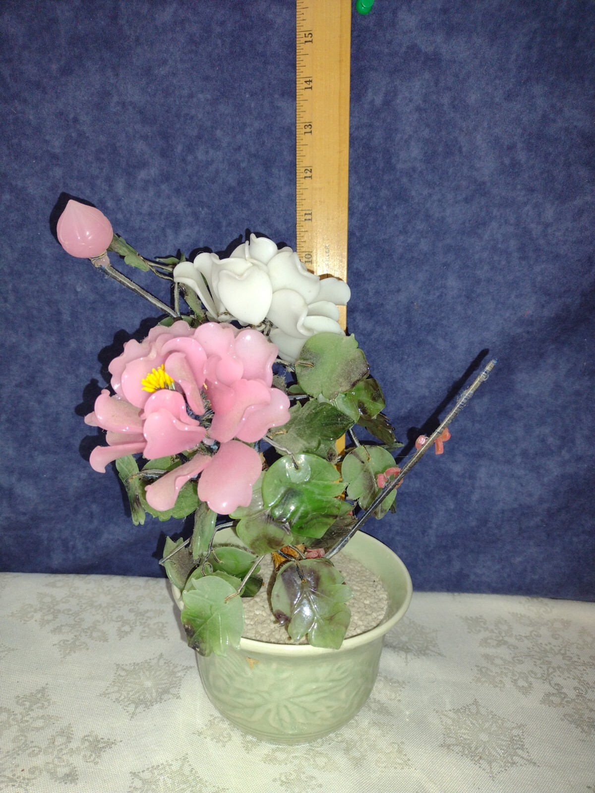 Vintage Original Japan Glass Bonsai Tree Green Bowl Pot 9″ Tall