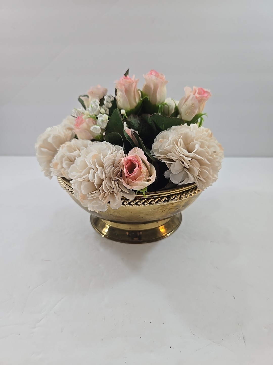 Vintage Silk Floral Arrangement in Footed Brass Planter Pot England 7″