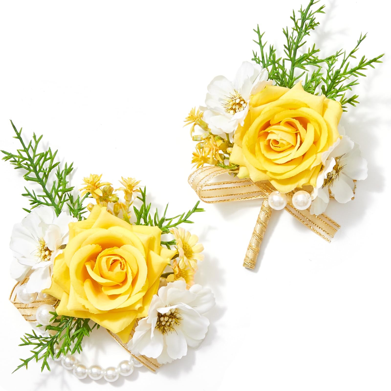 Yellow Rose Corsage and Boutonniere Set, Artificial Silk Rose Wrist Corsage W